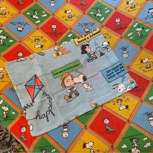 Vtg Peanuts Charlie Brown Snoopy Twin Flat Sheet & Pillow Case Colorful Quotes